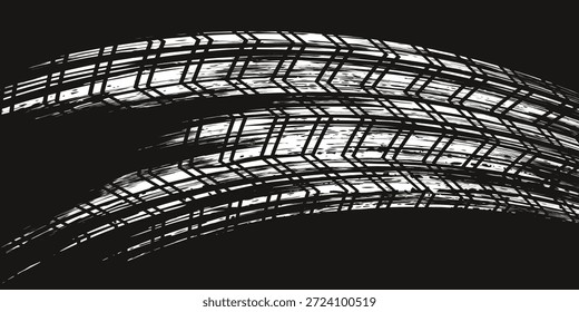 Marcas de la banda de rodadura de los neumáticos, texturas de las ruedas, marcas de neumáticos - carreras de coches, motocross, deriva, rally, off-road y otros. Vector negro textura aislada en estilo grunge con salpicaduras.eps10