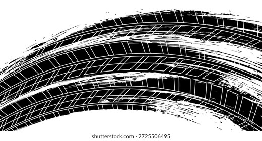 Marcas de la banda de rodadura de los neumáticos, texturas de las ruedas, marcas de neumáticos - carreras de coches, motocross, deriva, rally, off-road y otros. Vector negro textura aislada en estilo grunge con salpicaduras.eps10
