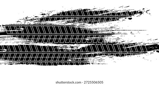 Marcas de la banda de rodadura de los neumáticos, texturas de las ruedas, marcas de neumáticos - carreras de coches, motocross, deriva, rally, off-road y otros. Vector negro textura aislada en estilo grunge con salpicaduras.eps10
