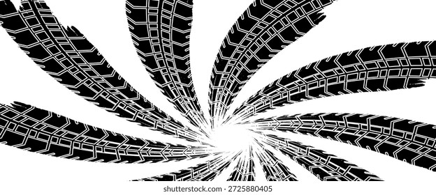 Marcas de la banda de rodadura de los neumáticos, texturas de las ruedas, marcas de neumáticos - carreras de coches, motocross, deriva, rally, off-road y otros. Vector negro textura aislada en estilo grunge con salpicaduras.eps10