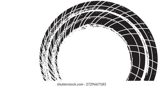 Marcas de la banda de rodadura de los neumáticos, texturas de las ruedas, marcas de neumáticos - carreras de coches, motocross, deriva, rally, off-road y otros. Vector negro textura aislada en estilo grunge con salpicaduras.eps10