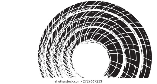 Marcas de la banda de rodadura de los neumáticos, texturas de las ruedas, marcas de neumáticos - carreras de coches, motocross, deriva, rally, off-road y otros. Vector negro textura aislada en estilo grunge con salpicaduras.eps10