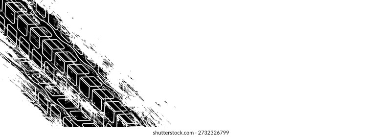 Marcas de la banda de rodadura de los neumáticos, texturas de las ruedas, marcas de neumáticos - carreras de coches, motocross, deriva, rally, off-road y otros. Vector negro textura aislada en estilo grunge con salpicaduras.eps10