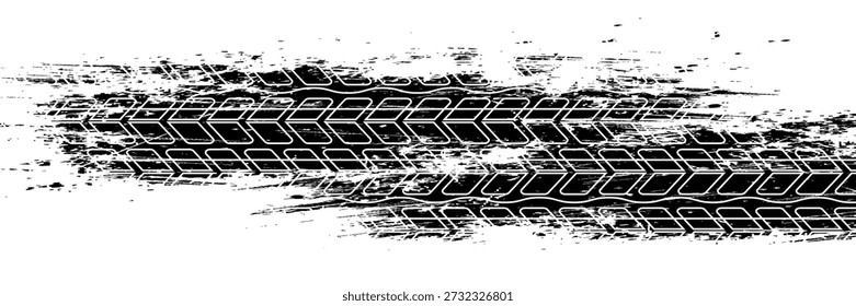 Marcas de la banda de rodadura de los neumáticos, texturas de las ruedas, marcas de neumáticos - carreras de coches, motocross, deriva, rally, off-road y otros. Vector negro textura aislada en estilo grunge con salpicaduras.eps10