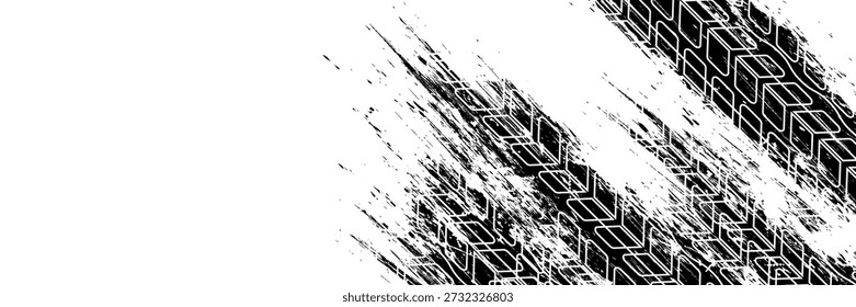Marcas de la banda de rodadura de los neumáticos, texturas de las ruedas, marcas de neumáticos - carreras de coches, motocross, deriva, rally, off-road y otros. Vector negro textura aislada en estilo grunge con salpicaduras.eps10
