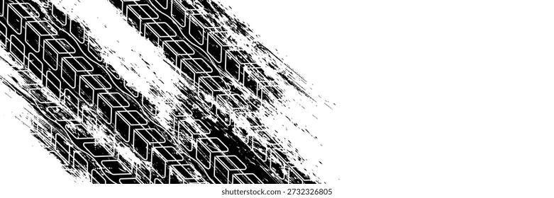 Marcas de la banda de rodadura de los neumáticos, texturas de las ruedas, marcas de neumáticos - carreras de coches, motocross, deriva, rally, off-road y otros. Vector negro textura aislada en estilo grunge con salpicaduras.eps10