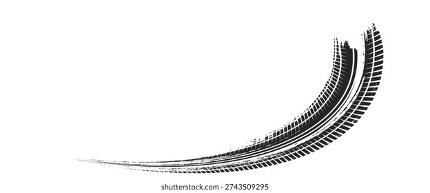 Tire tread marks, wheel textures, tire marks - car racing, motocross, drift, rally, off-road and others. Vector black isolated texture in grunge style with splashes.eps10