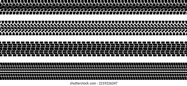 Tire tread print or car track set isolated on white background. Footprint of bike or vehicle wheels with seamless texture. Top view of rubber protector marks on asphalt. Vector brush.