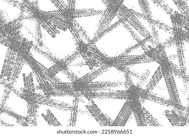 Tire tread print or car track with grunge effect seamless pattern. Footprint of bike or vehicle wheels with seamless texture. Top view of rubber protector marks on road. Vector background