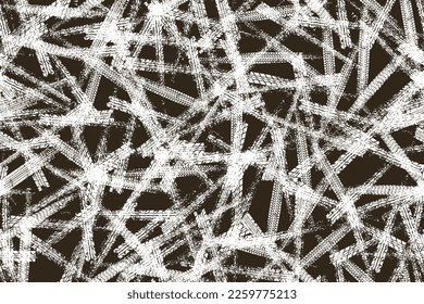 Tire tread print or car track with grunge effect on black background seamless pattern. Footprint of bike or vehicle wheels with seamless texture. Top view of rubber protector marks on road