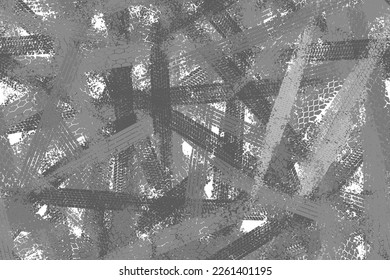 Tire tread print or car track with grunge effect on white background seamless pattern. Footprint of bike or vehicle wheels with seamless texture. Top view of rubber protector marks on road