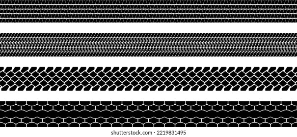 Tire tread print or truck track set isolated on white background. Footprint of bike or car wheels with seamless texture. Top view of rubber protector marks on asphalt. Vector brush.