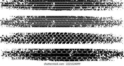 Tire tread print or truck track with grunge effect set isolated on white background. Footprint of bike or car wheels with seamless texture. Top view of rubber protector marks on road. Vector brush.