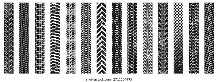 Reifenlaufflächen-Prints mit rauer Not-Textur. Jeder Streifen zeigt ein anderes geometrisches Muster
