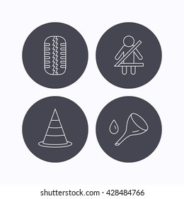 Tire tread, traffic cone and oil change icons. Fasten seat belt linear sign. Flat icons in circle buttons on white background. Vector