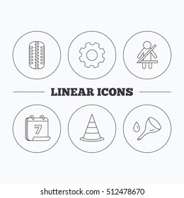 Tire tread, traffic cone and oil change icons. Fasten seat belt linear sign. Flat cogwheel and calendar symbols. Linear icons in circle buttons. Vector