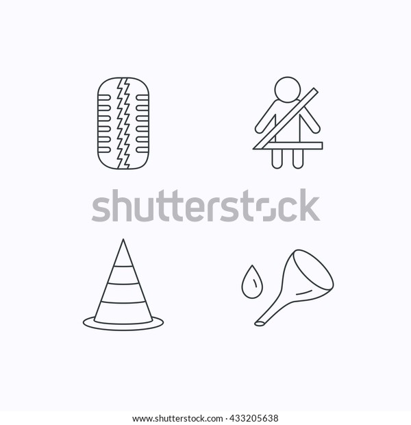 Tire\
tread, traffic cone and oil change icons. Fasten seat belt linear\
sign. Flat linear icons on white background.\
Vector