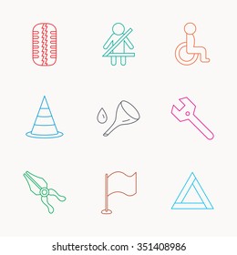 Tire tread, traffic cone and wrench key icons. Emergency triangle, flag and pliers linear signs. Disabled person icons. Linear colored icons.