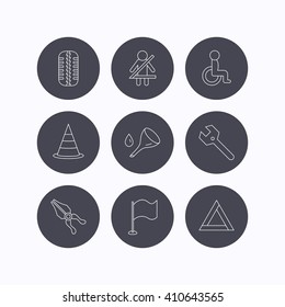 Tire tread, traffic cone and wrench key icons. Emergency triangle, flag and pliers linear signs. Disabled person icons. Flat icons in circle buttons on white background. Vector