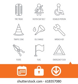 Tire tread, traffic cone and wrench key icons. Emergency triangle, flag and pliers linear signs. Disabled person icons. Download arrow, locker and calendar web icons. Vector