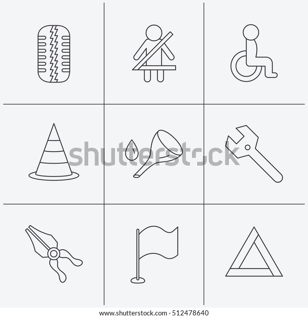 Tire tread, traffic cone and\
wrench key icons. Emergency triangle, flag and pliers linear signs.\
Disabled person icons. Linear icons on white background.\
Vector