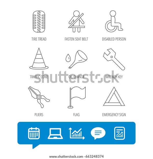 Tire tread,
traffic cone and wrench key icons. Emergency triangle, flag and
pliers linear signs. Disabled person icons. Report file, Graph
chart and Chat speech bubble signs.
Vector