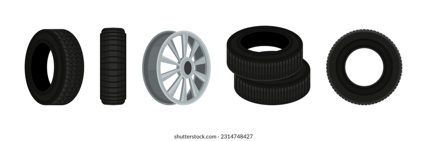 Tire or Tyre as Ring-shaped Component of Wheel Rim Vector Set