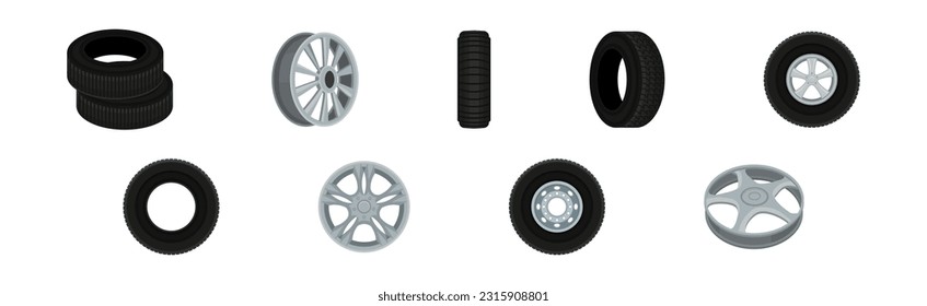 Tire or Tyre as Ring-shaped Component of Wheel Rim Vector Set