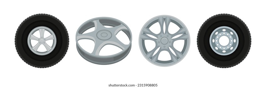 Tire or Tyre as Ring-shaped Component of Wheel Rim Vector Set