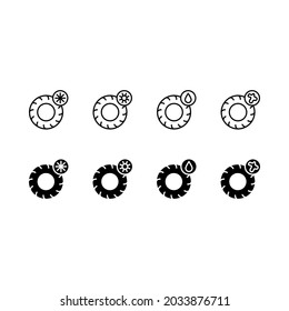 Tire, Tyre and wheel flat line icons. Winter tires with snowflake and summer symbols. Seasonal Tyre Fitting. Simple flat vector illustration for web site or mobile app.