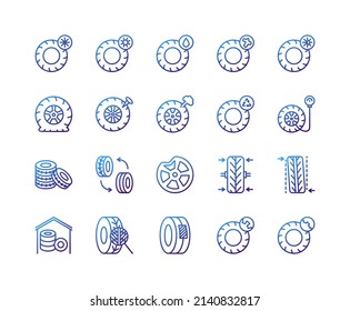 Tire, Tyre and wheel flat line icons set. Car wheel summer and winter icon. Automobile wheel balancing service. Simple flat vector illustration for web site or mobile app.