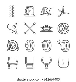 Tire, Tyre and wheel line icon set. Included the icons as auto parts, inflation, rack, jack, wrench, tools and more.