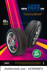 Tire vector. Vector automotive banner template. Black rubber illustration. Advertising poster, digital banner, flyer, booklet, brochure, web design. Promo. Information. Store. Action. Realistic vector