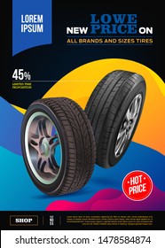 Tire vector. Vector automotive banner template. Black rubber illustration. Advertising poster, digital banner, flyer, booklet, brochure, web design. Promo. Information. Store. Action. Realistic vector