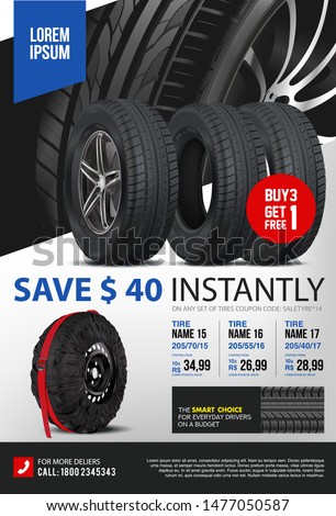 Tire vector. Vector automotive banner template. Black rubber illustration. Landscape poster, digital banner, flyer, booklet, brochure, web design.
Promo. Information. Store. Action. Realistic vector.