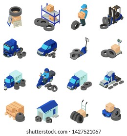 Tire warehouse icons set. Isometric set of 16 tire warehouse vector icons for web isolated on white background