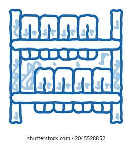 vector de icono de esbozo de almacén de neumáticos. Señal de almacén de neumáticos de la línea de dibujo de doodle azul dibujada a mano. ilustración de símbolo aislado