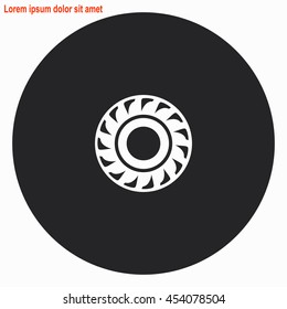 Tire web icon. Gray circle button with white illustration.