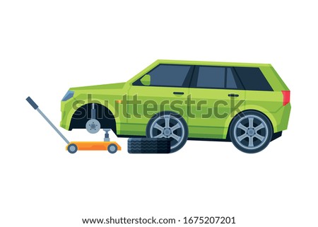 Tire Wheel Changing, Auto Service, Road Accident Flat Vector Illustration