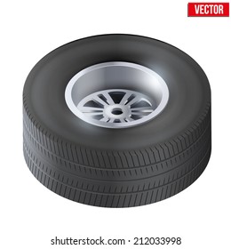 Tire and Wheel chrome disk of car. Top view. Vector illustration Isolated on white background.