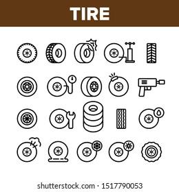 Tire Wheel Collection Elements Icons Set Vector Thin Line. Low Pressure, Equipment For Repair Tire And Break Concept Linear Pictograms. Car Service And Store Monochrome Contour Illustrations