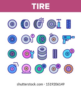 Tire Wheel Collection Elements Icons Set Vector Thin Line. Low Pressure, Equipment For Repair Tire And Break Concept Linear Pictograms. Car Service And Store Monochrome Contour Illustrations
