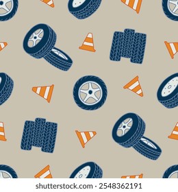 Tire Wheel Cone Vector Seamless Pattern illustration for Print, Wallpaper, Decoration.