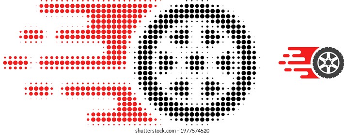 Tire wheel halftone dot icon illustration. Halftone array contains round pixels. Vector illustration of tire wheel icon on a white background. Flat abstraction for tire wheel symbol.