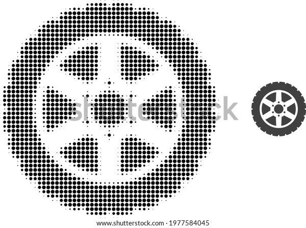 Tire wheel halftone dotted icon illustration.\
Halftone array contains round points. Vector illustration of tire\
wheel icon on a white background. Flat abstraction for tire wheel\
pictogram.