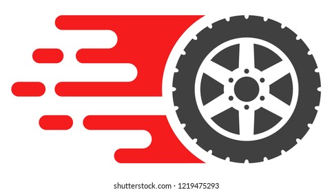 Tire wheel icon with fast rush effect in red and black colors. Vector illustration designed for modern abstract with symbols of speed, rush, progress, energy.