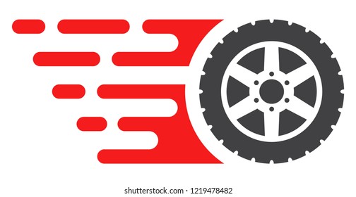 Tire wheel icon with fast rush effect in red and black colors. Vector illustration designed for modern abstract with symbols of speed, rush, progress, energy.