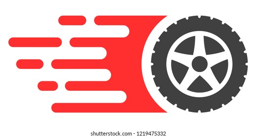 Tire wheel icon with fast speed effect in red and black colors. Vector illustration designed for modern abstraction with symbols of speed, rush, progress, energy.