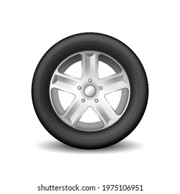Tire wheel icon. Safe rubber tyre and metal disk for vehicle wheel. Automobile maintenance service concept. New disc for auto. 3d realistic vector illustration