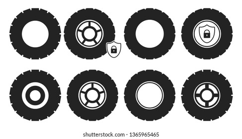 Tire and wheel icon set. Flat style vector EPS.